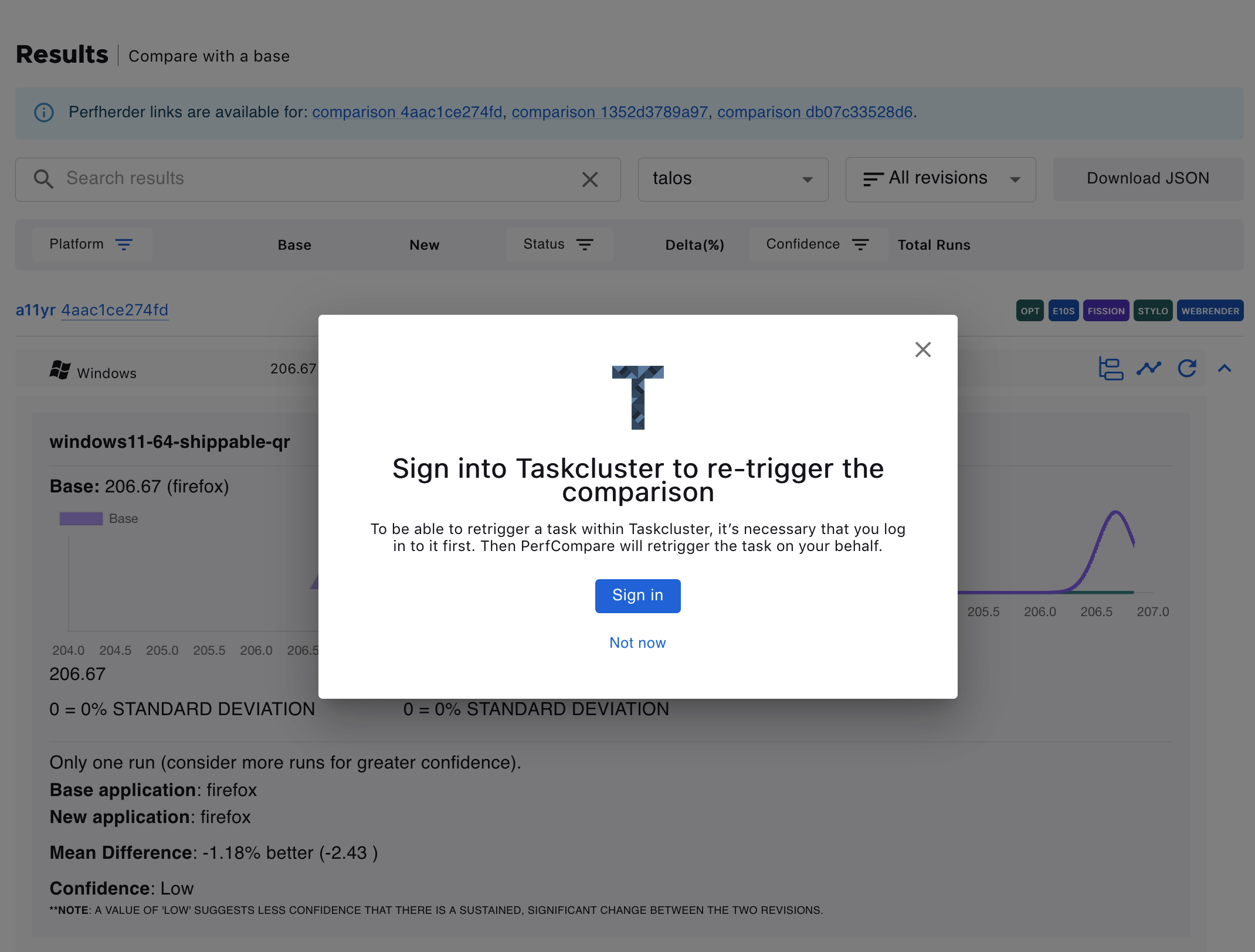 PerfCompare Results Table with Taskcluster Login
